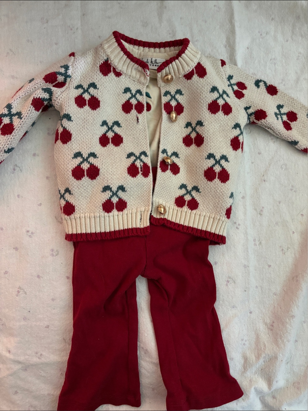 Nicole Miller Cream and Red Cherry Knit Cardigan with Red Leggings